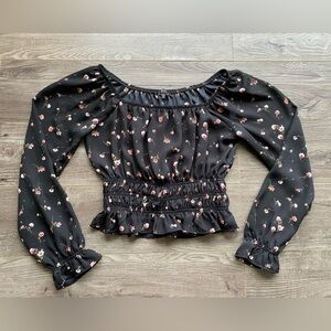 Iris off shoulder rouched black floral long sleeve cropped peasant blouse